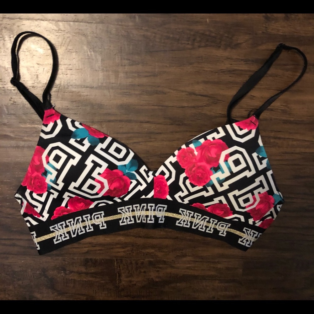 PINK Wear Everywhere Wireless Bra Black Logo Rose 34A